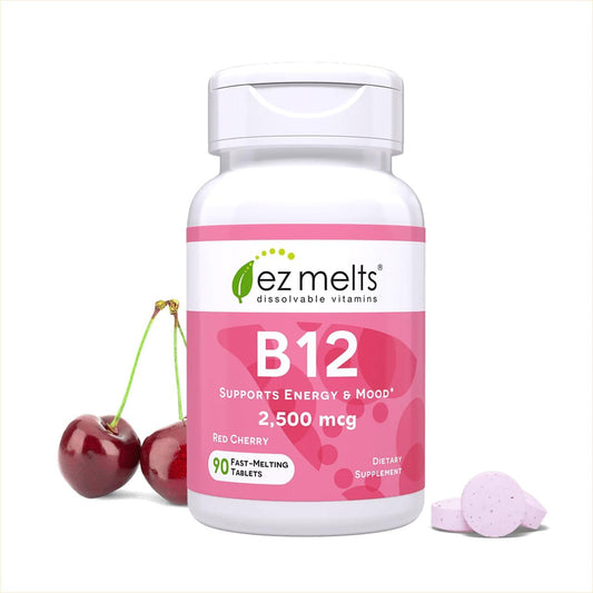 EZ Melts Dissolvable B12 2,500 Mcg - Vitamin B12 for Energy & Immune Support - Non-Gmo, Vegan & Gluten-Free - Red Cherry - 90 Sublingual Tablets (90 Servings)