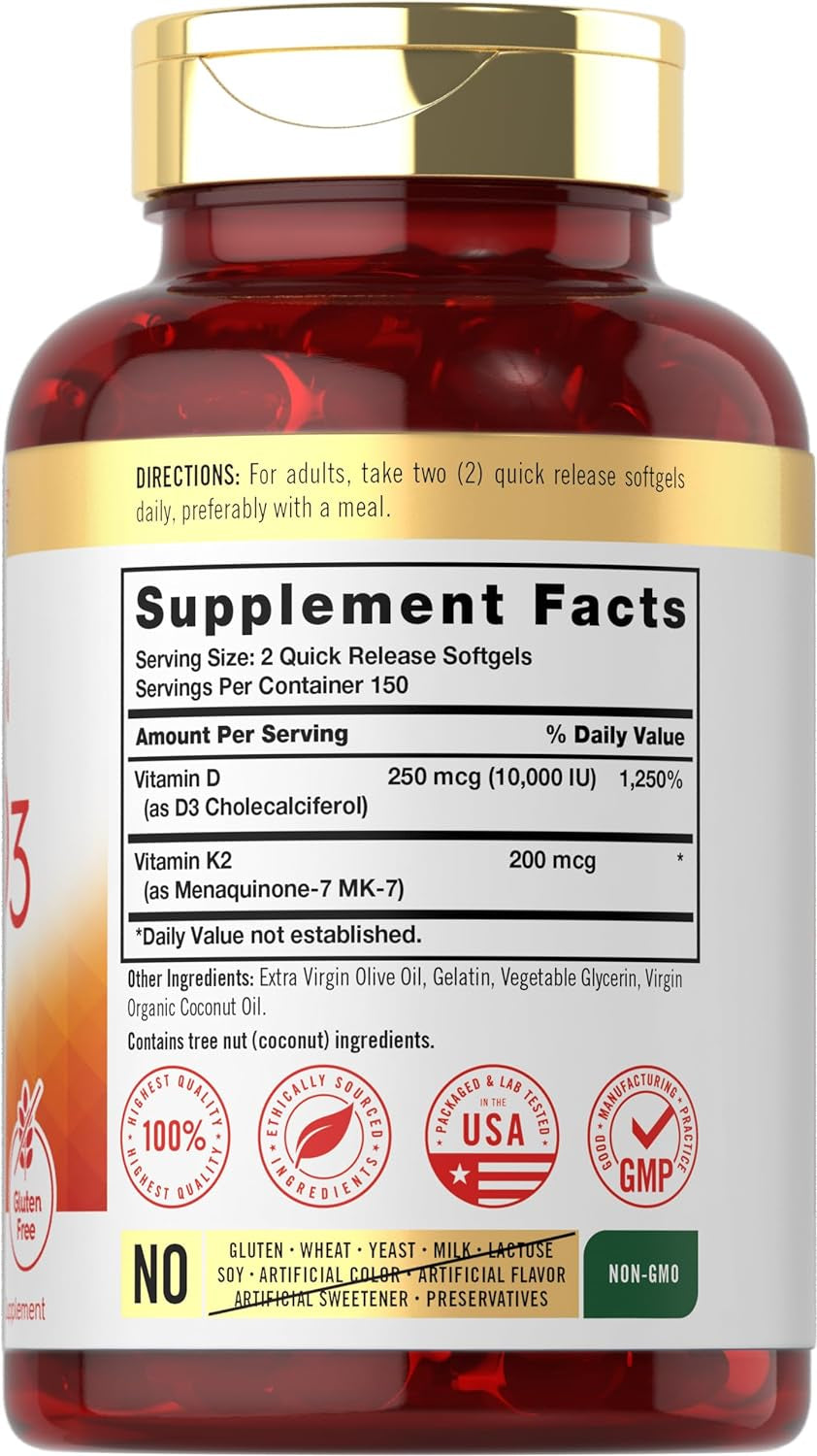 Carlyle Vitamin K2 D3 Supplement | 300 Softgels | 200Mcg K2 MK7 & 10,000 IU D3 | Non-Gmo, Gluten Free