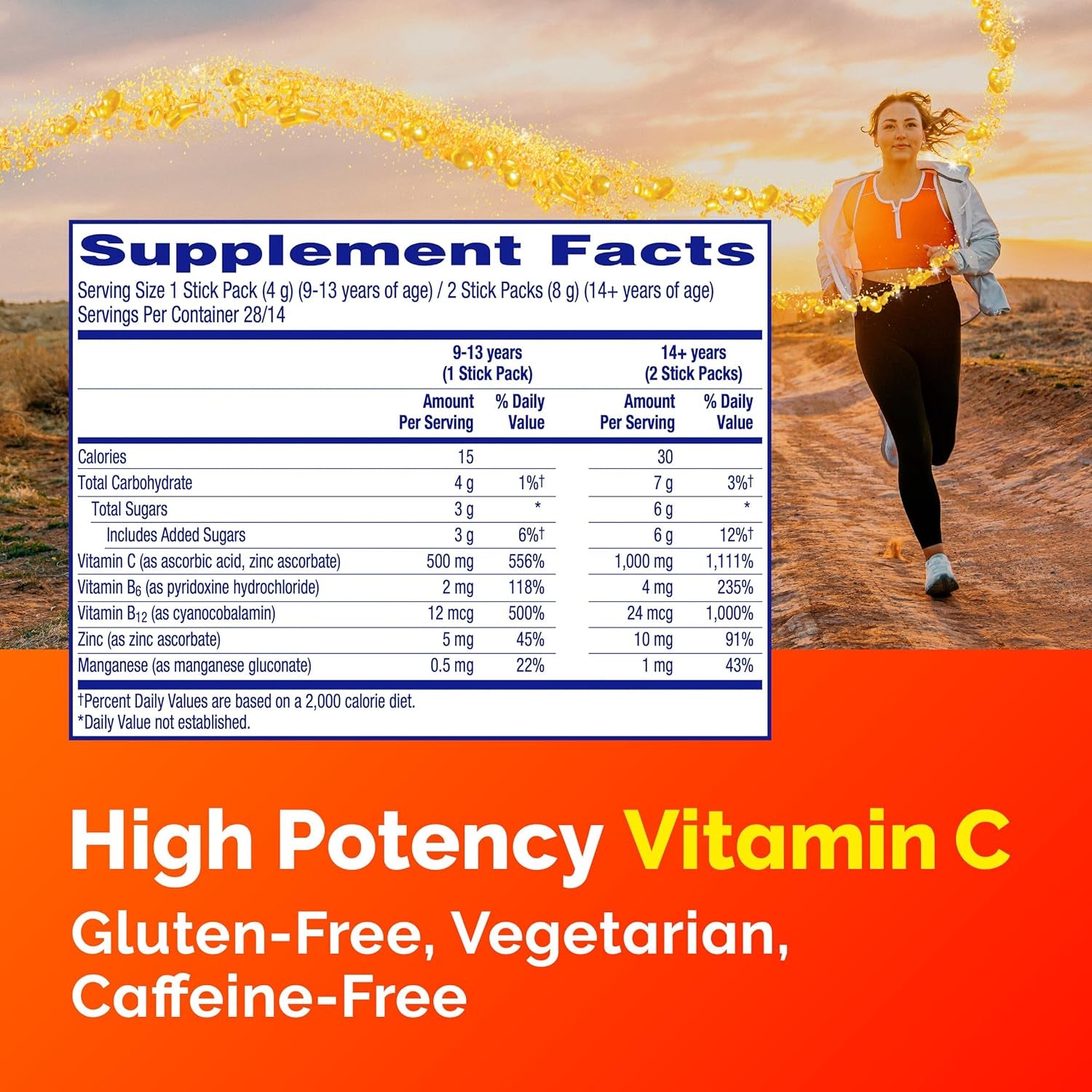 Emergen-C Crystals, On-The-Go Emergen-C Immune Support Supplement with Vitamin C, B Vitamins, Zinc and Manganese, Orange Vitality - 56 Stick Packs