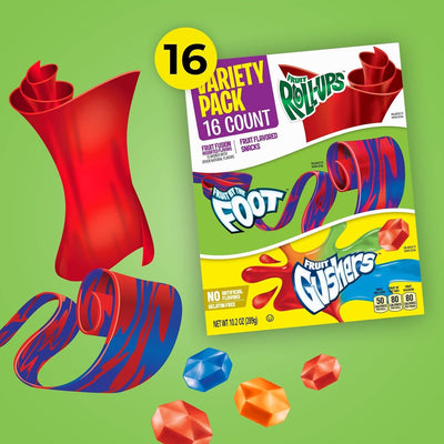 Fruit Roll-Ups, Fruit by the Foot, Gushers, Snacks Variety Pack, 16 Ct