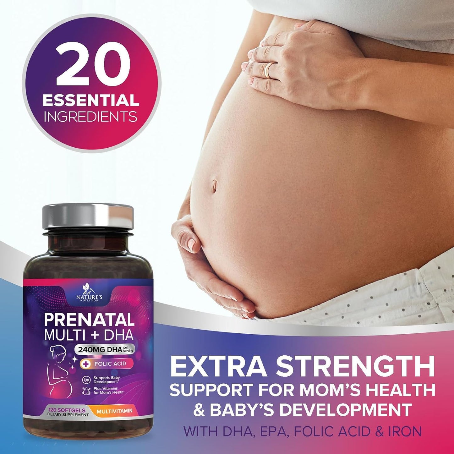 Prenatal Vitamins for Women with Folic Acid + Omega 3 DHA for Fetal Brain Development, Best Prenatal Vitamin Supplement, Daily Pregnancy Multivitamin Nutritional Support, Vegan, Non-Gmo, 120 Softgels