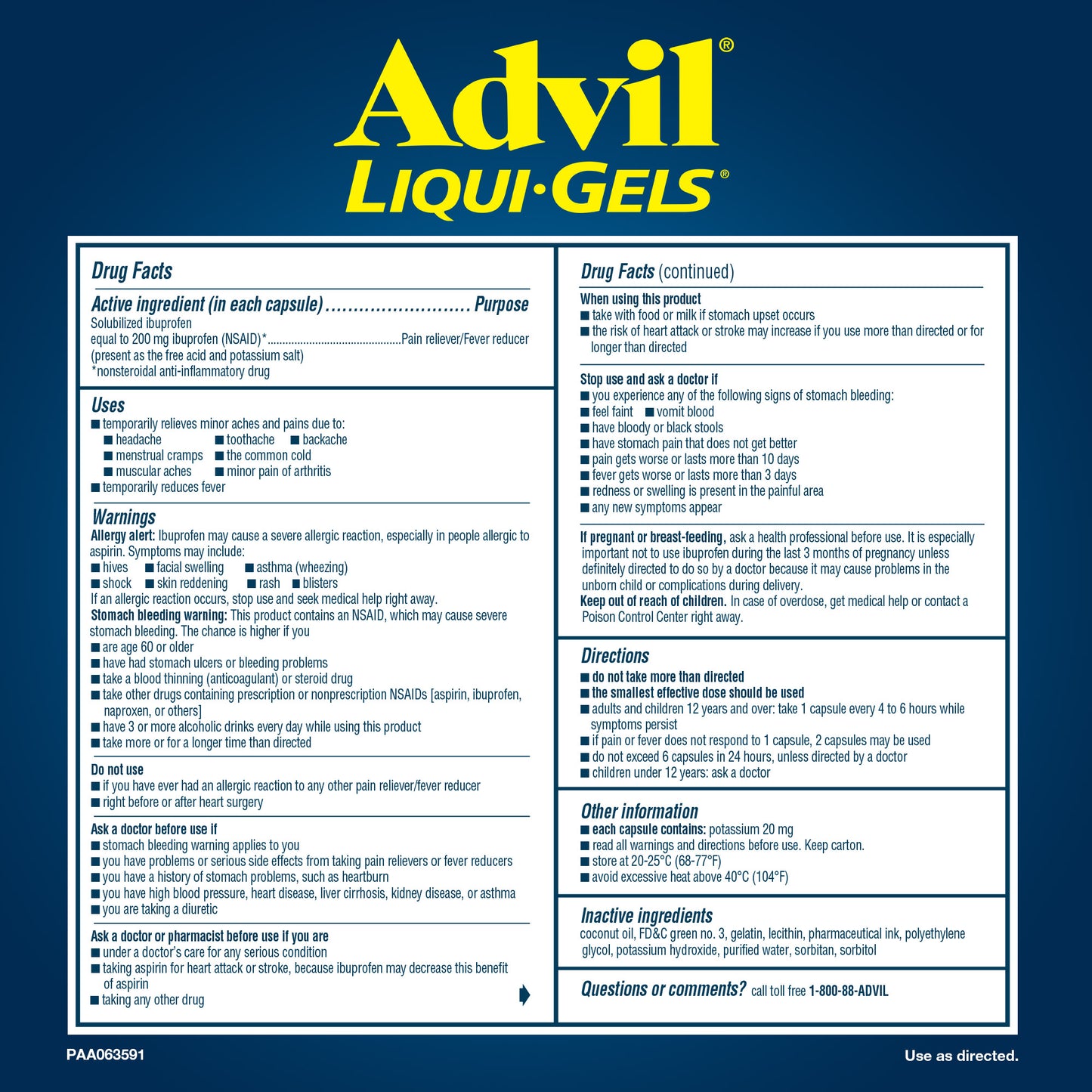 Advil Liqui-Gels Ibuprofen 200 Mg. Pain Reliever/Fever Reducer, 240 Capsules