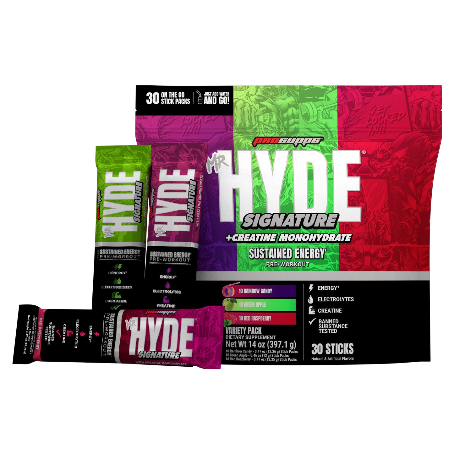Mr. HYDE Signature Pre-Workout On-The-Go, 30 Individual Serving Stick Packs, Variety Pack