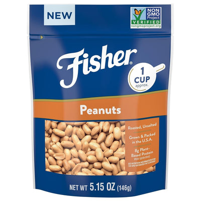 Fisher Peanuts, 5.15 Oz Resealable Bag Roasted Unsalted Nuts for Cooking, Baking, or Snacking, Natural & Gluten Free Cocktail Nuts Snack, Vegan, Keto, Plant Based Protein