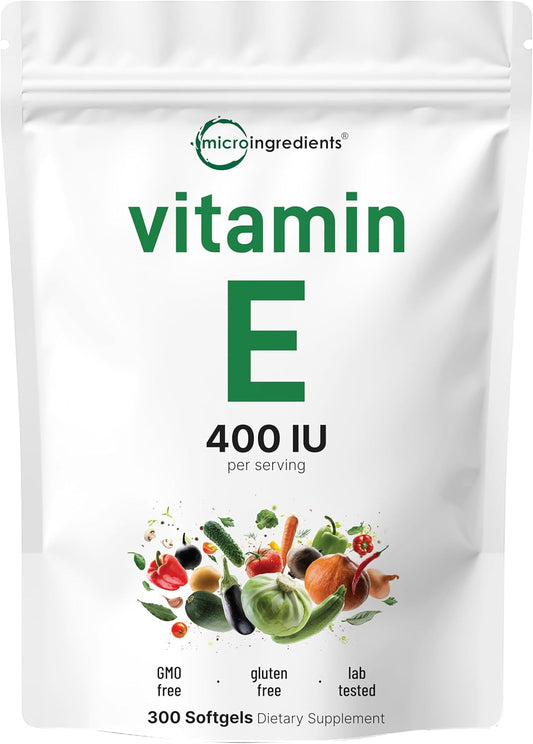 Micro Ingredients Vitamin E 400IU, 300 Softgels | Pure Vitamin E Oil Pills | Antioxidant Supplements for Skin, Face, Heart, & Immune Health | Non-Gmo, Gluten Free