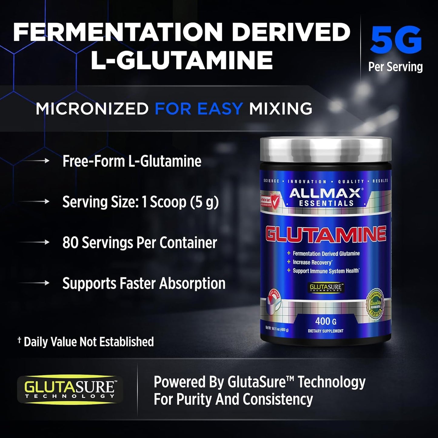 ALLMAX L Glutamine Powder 400G, Fermented L-Glutamine Powder Pure, Unflavored Glutamine Supplement for Gut Health, Recovery & Immune Support, Vegan, Gluten Free