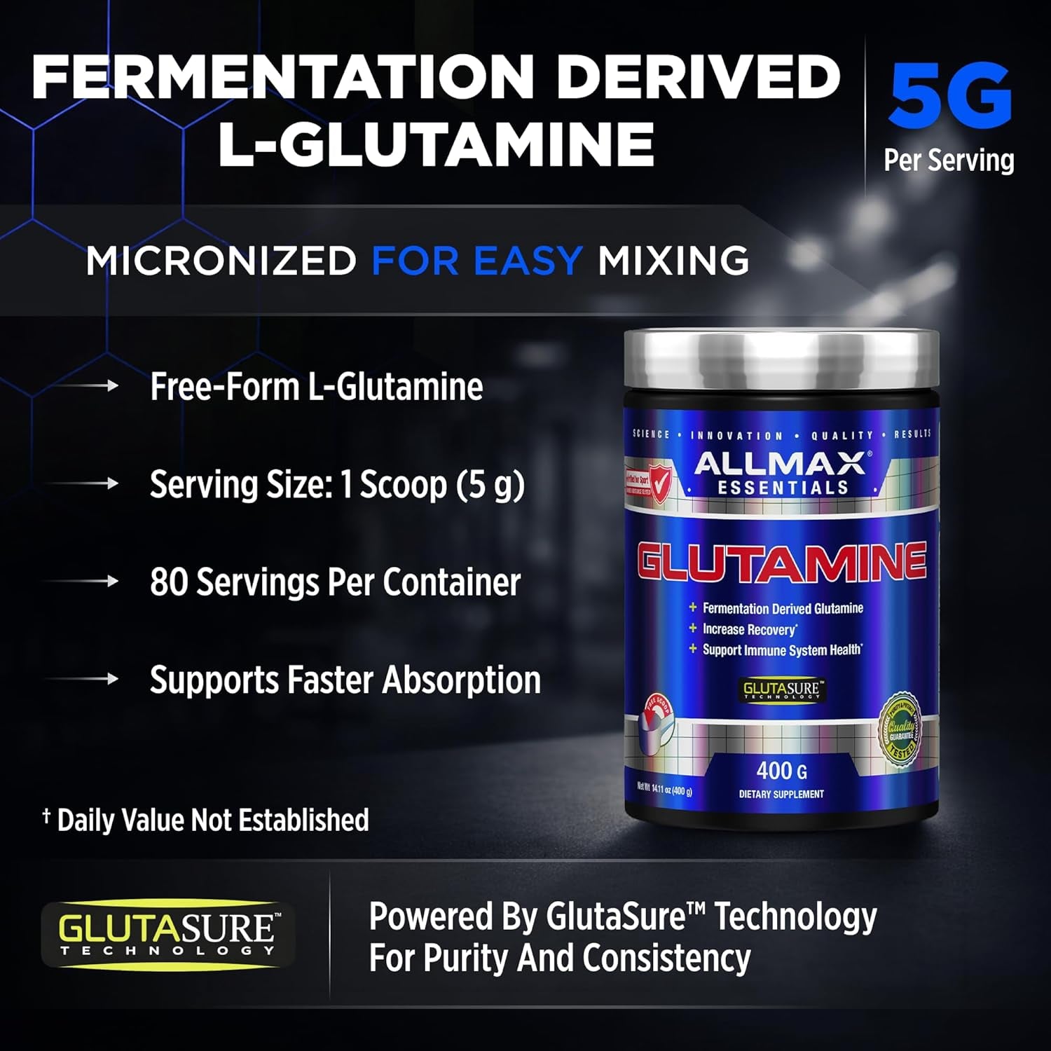 ALLMAX L Glutamine Powder 400G, Fermented L-Glutamine Powder Pure, Unflavored Glutamine Supplement for Gut Health, Recovery & Immune Support, Vegan, Gluten Free