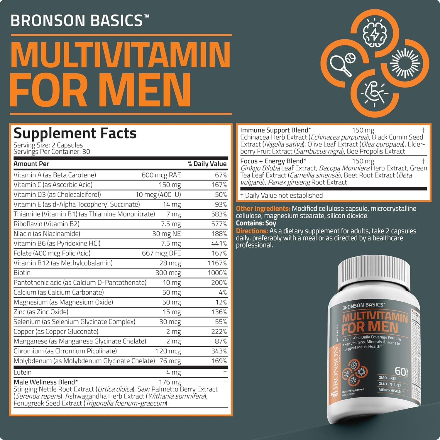 Bronson Multivitamin for Men All-In-One Daily Coverage Formula Key Vitamins, Minerals & Herbs to Support Men'S Health, 60 Capsules