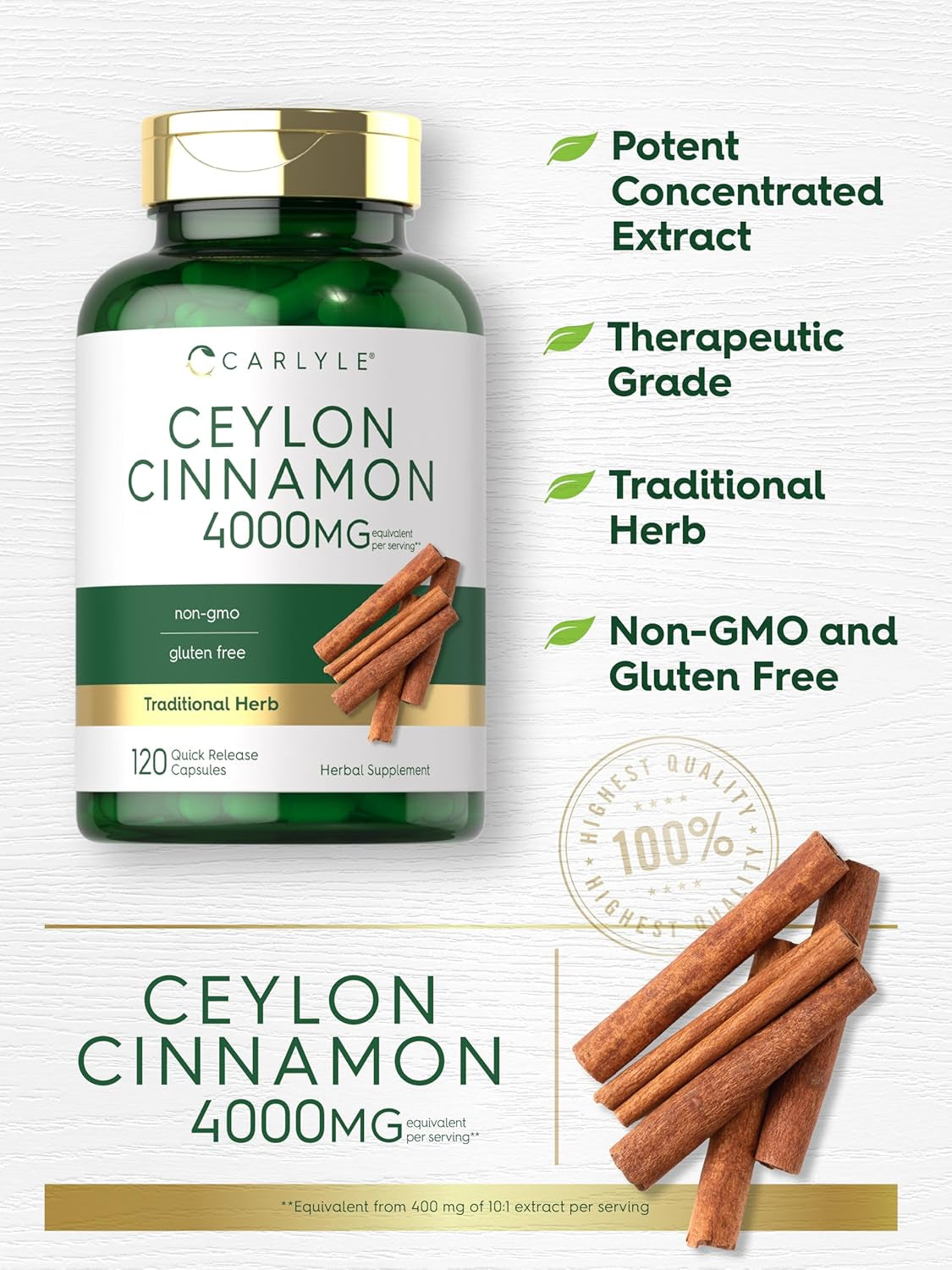 Carlyle Ceylon Cinnamon Capsules 4000 Mg | 120 Count | Non-Gmo & Gluten Free Supplement