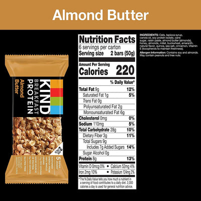 KIND Breakfast, Healthy Snack Bar, Almond Butter, Gluten Free Breakfast Bars, 8G Protein, 1.76 OZ Packs (6 Count)