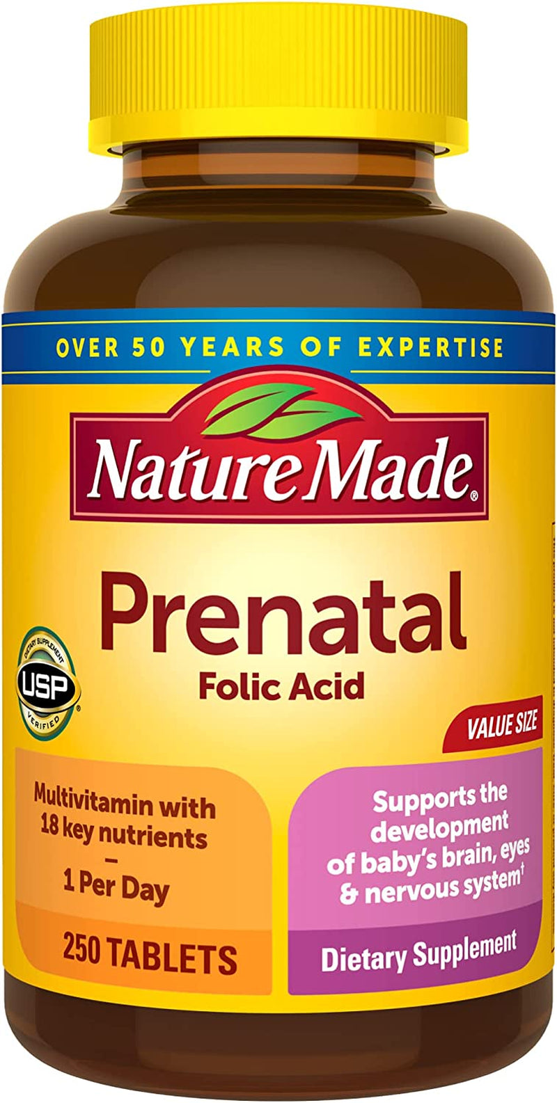 Nature Made Prenatal Multivitamin with Folic Acid, Prenatal Vitamin and Mineral Supplement for Daily Nutritional Support, 250 Tablets, 250 Day Supply