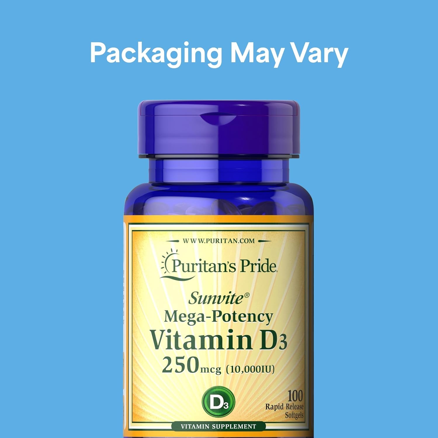 Puritan'S Pride Premium Sunvite™ Mega- Vitamin D3 10,000 IU, Dietary Supplement for Healthy Bones, Teeth, and Immune System Support, 100 Rapid Release Softgels