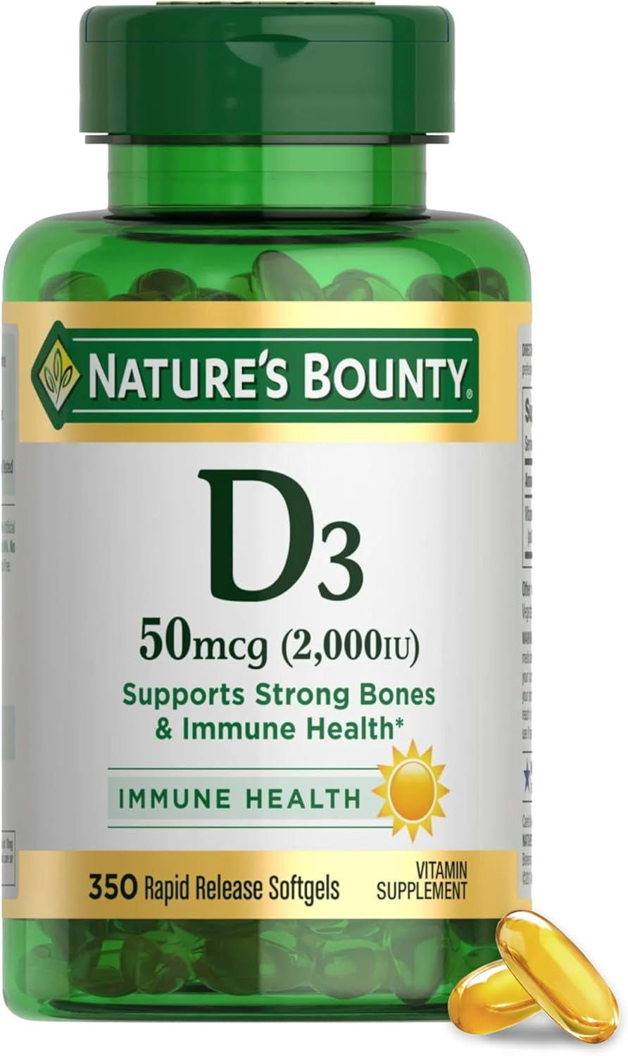 Nature'S Bounty Vitamin D3 2000 IU | Supports Immune Health, Calcium Absorption & Bone Strength | Essential for Healthy Bones | Non-Gmo, No-Gluten | 350 Softgels, 1 Serving per Day for Daily Health