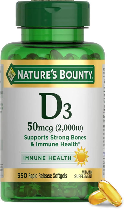 Nature'S Bounty Vitamin D3 2000 IU | Supports Immune Health, Calcium Absorption & Bone Strength | Essential for Healthy Bones | Non-Gmo, No-Gluten | 350 Softgels, 1 Serving per Day for Daily Health
