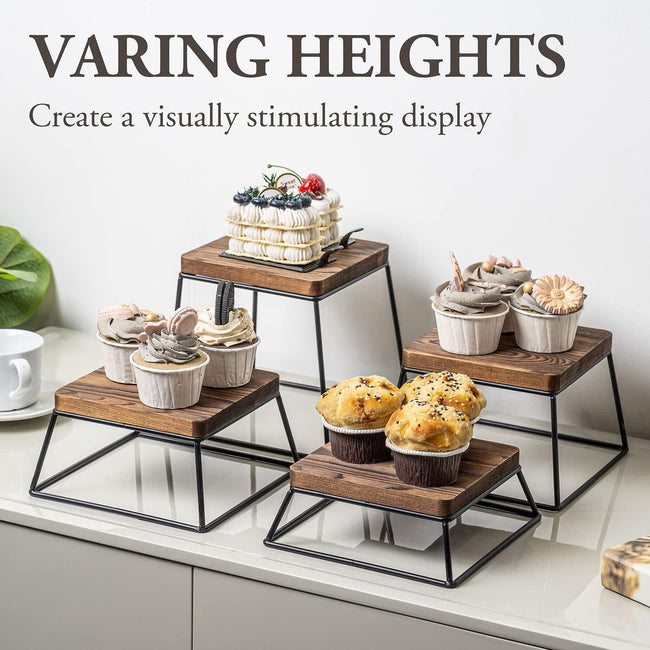 Burnt Wood & Black Metal Food Display Stands, Set of 4 Made in USA