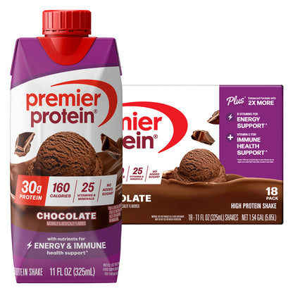 Premier 30G Protein plus Energy and Immune Support Shakes, Chocolate, 11 Fl Oz, 18-Pack