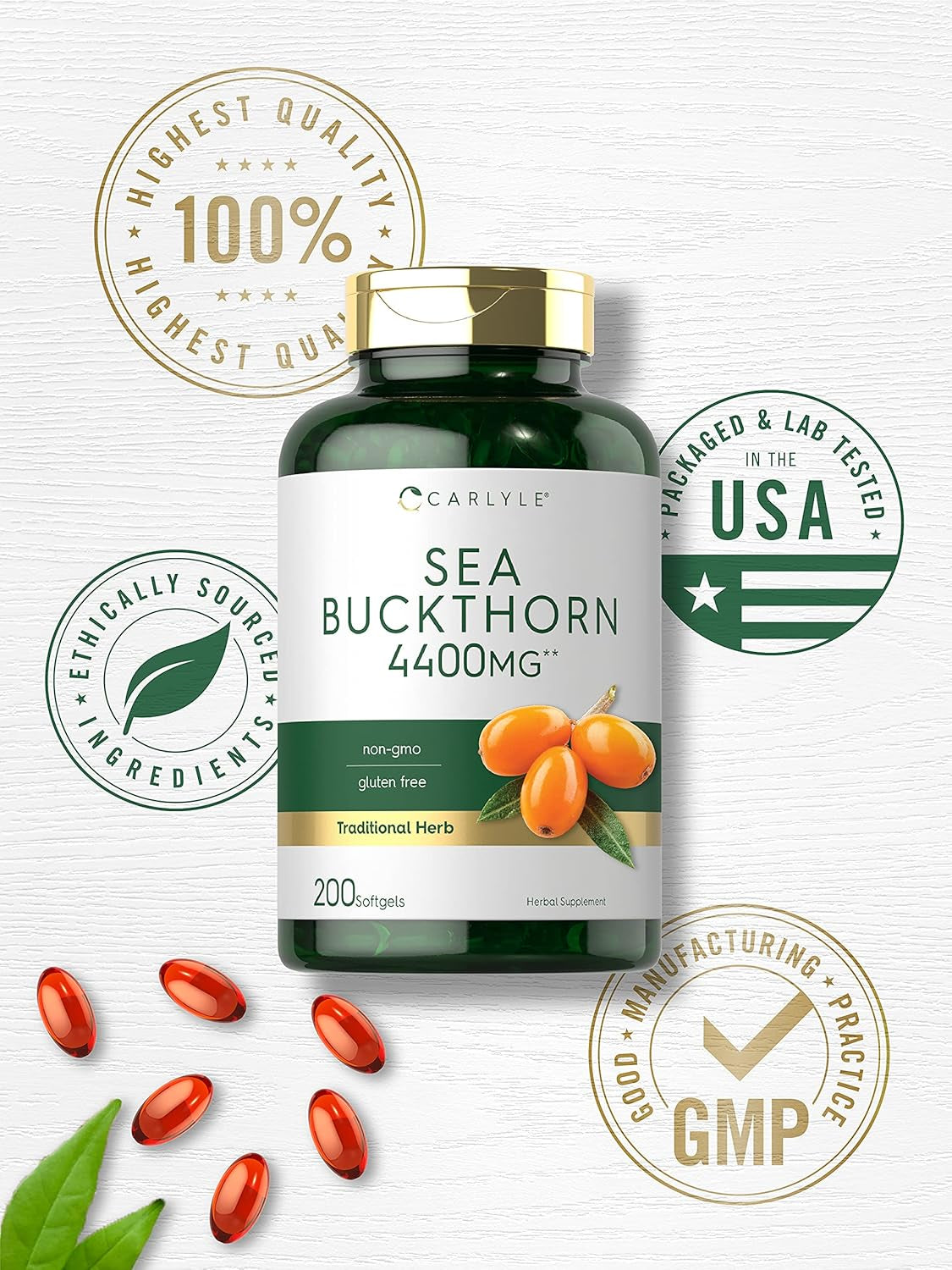 Carlyle Sea Buckthorn Oil Capsules 4400Mg | 200 Softgels | Non-Gmo, Gluten Free | Sea Buckthorn Berry Oil Supplement