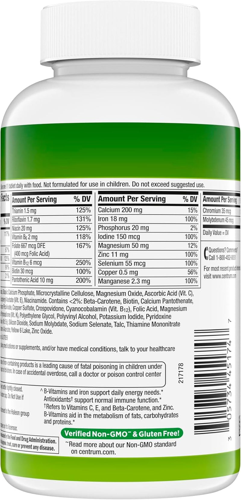Centrum Adult Multivitamin/Multimineral Supplement with Antioxidants, Zinc, Vitamin D3 and B Vitamins, Gluten Free, Non-Gmo Ingredients - 200 Count