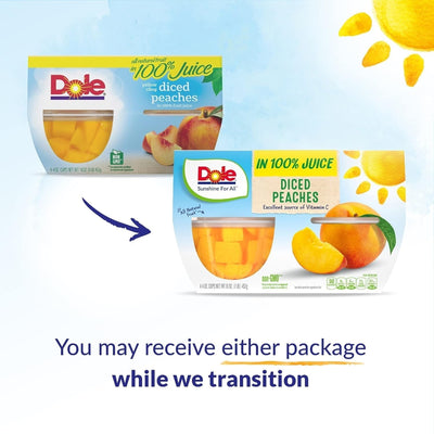 Dole Fruit Bowls Diced Peaches in 100% Juice Snacks, 4Oz 4 Total Cups, Gluten & Dairy Free, Bulk Lunch Snacks for Kids & Adults