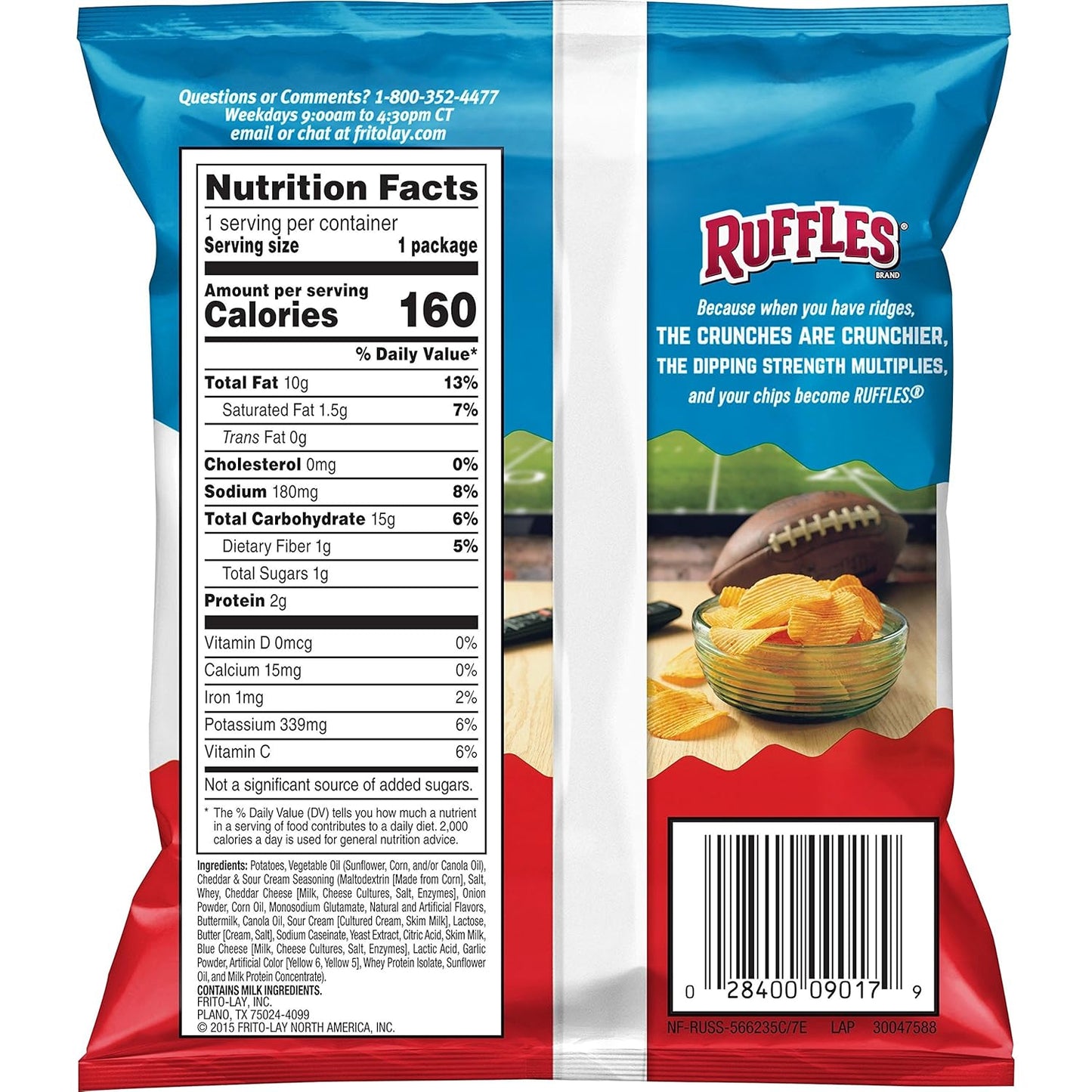 Ruffles Potato Chips, Cheddar Sour Cream, 1 Oz Case of 40