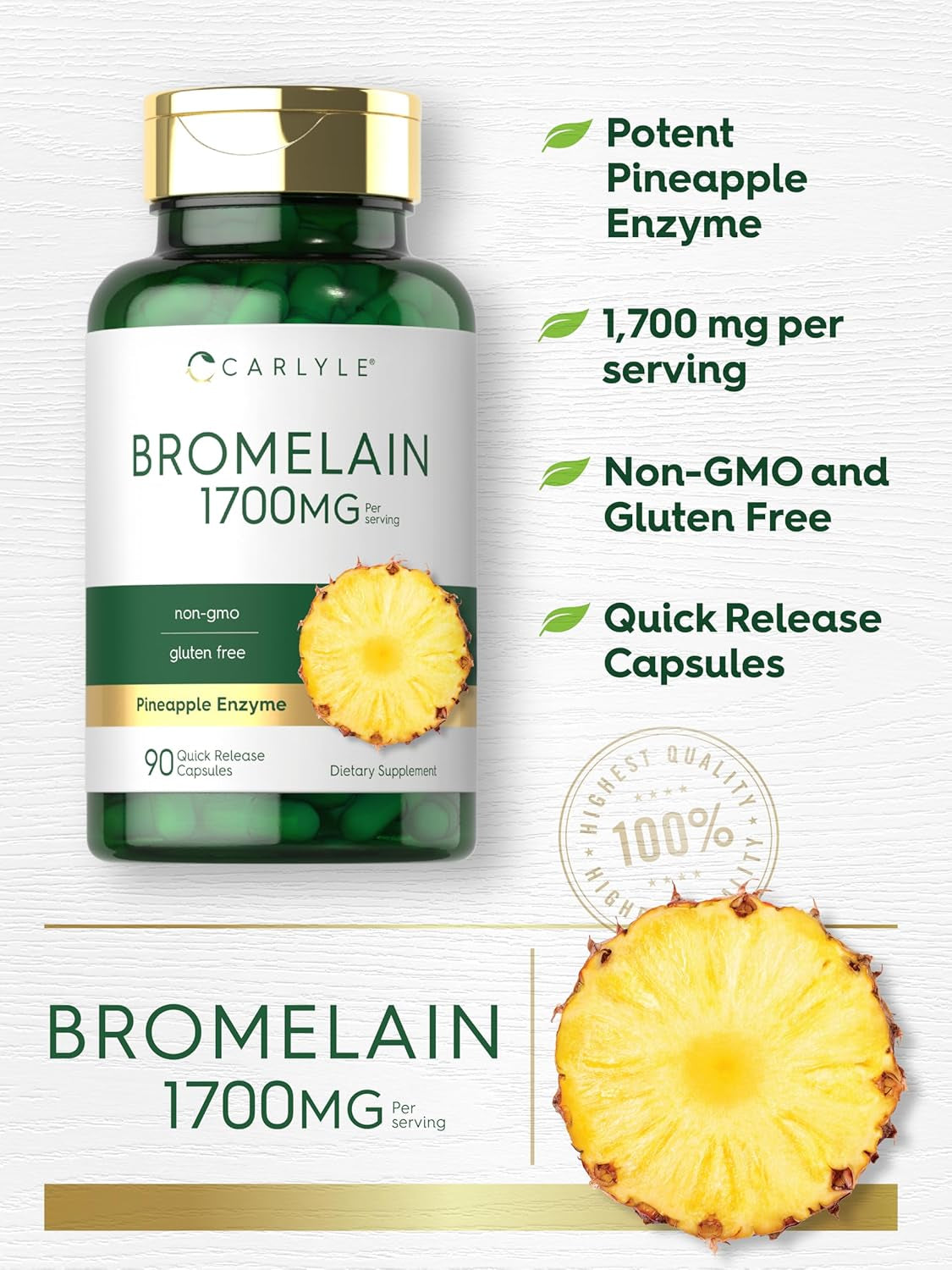 Carlyle Bromelain 1700 Mg | 90 Capsules | Pineapple Enzyme Supplement | Non-Gmo and Gluten Free