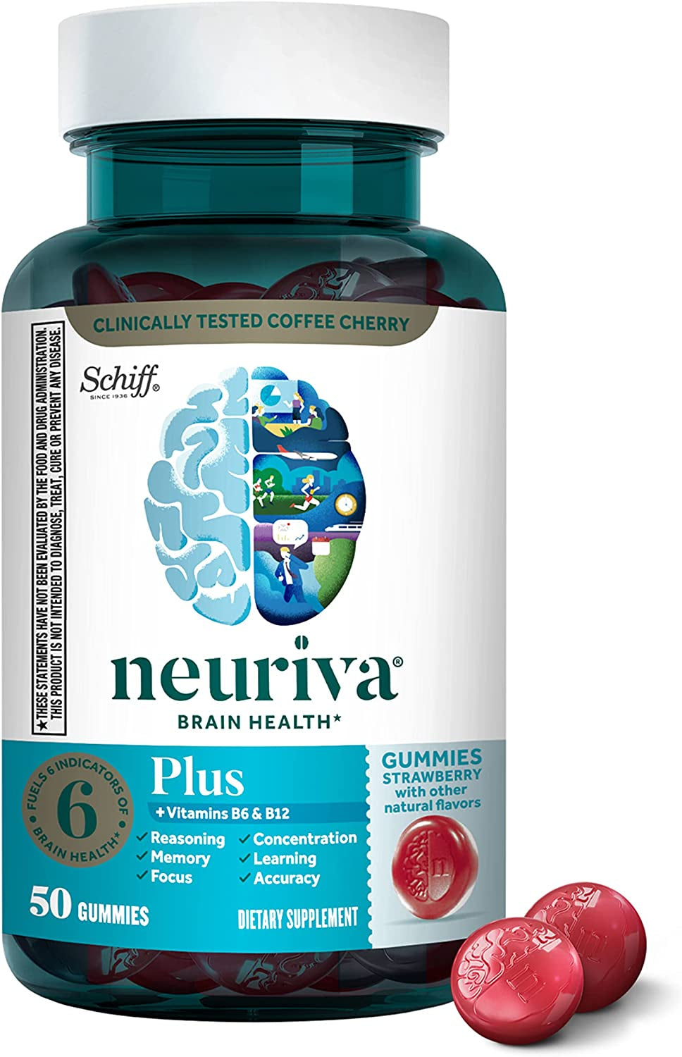 NEURIVA plus Brain Supplement for Memory,Focus & Concentration+Cognitive Function with Vitamins B6 & B12 and Clinically Tested Nootropics Phosphatidylserine and Neurofactor,50Ct Strawberry Gummies