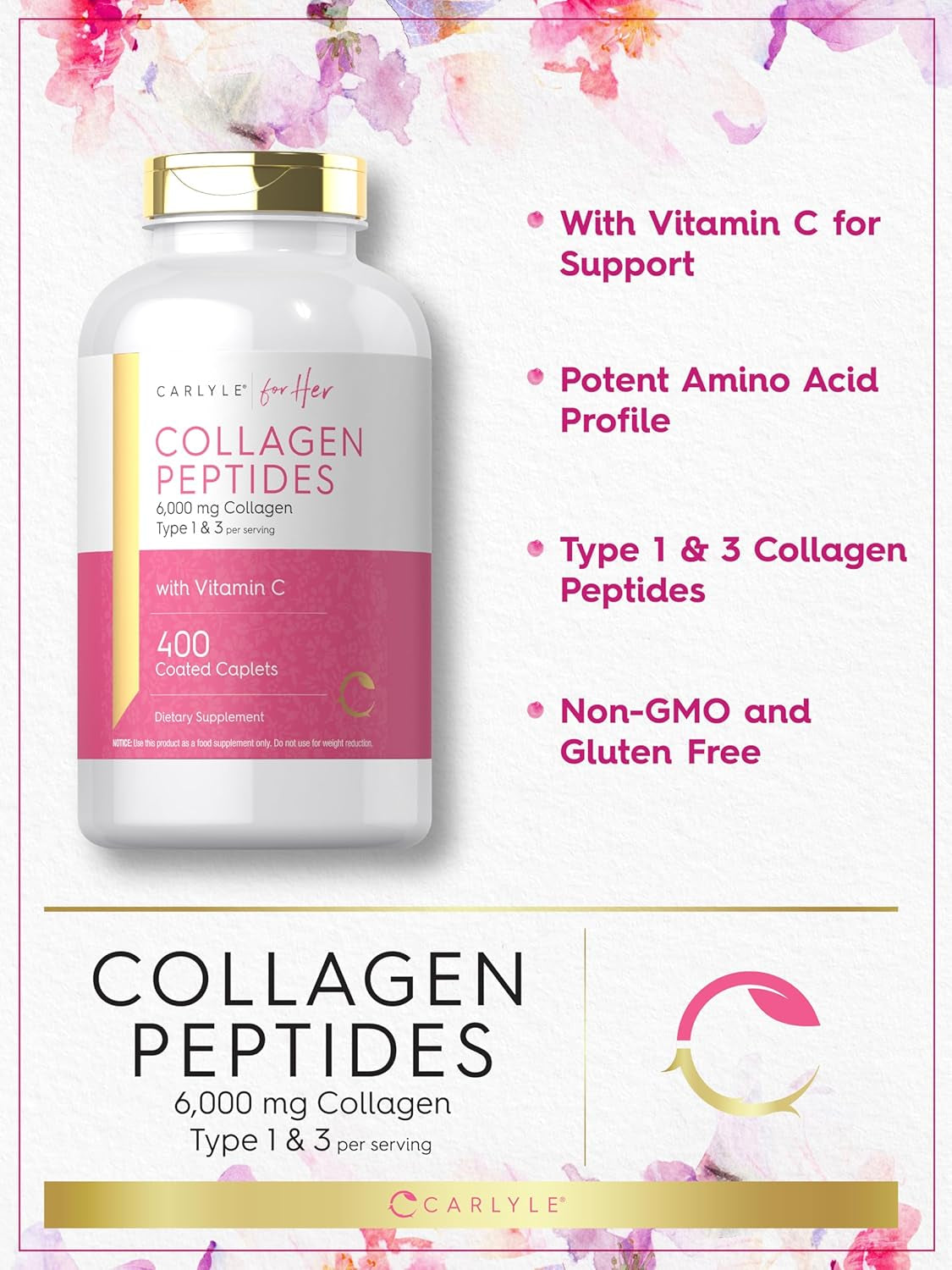 Carlyle Collagen Peptides 6000Mg | 400 Caplets | with Vitamin C | Type 1 and 3 | Non-Gmo, Gluten Free, Grass Fed Supplement