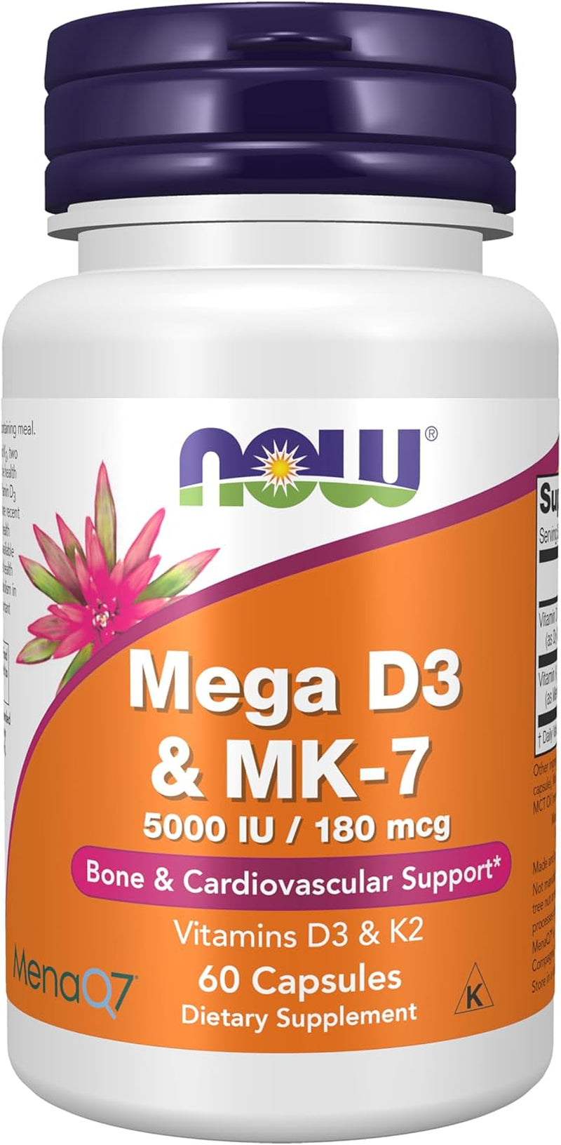NOW Foods Supplements, Mega D-3 & MK-7 with Vitamins D-3 & K-2, 5,000 IU/180 Mcg, Bone & Cardiovascular Support*, 60 Veg Capsules