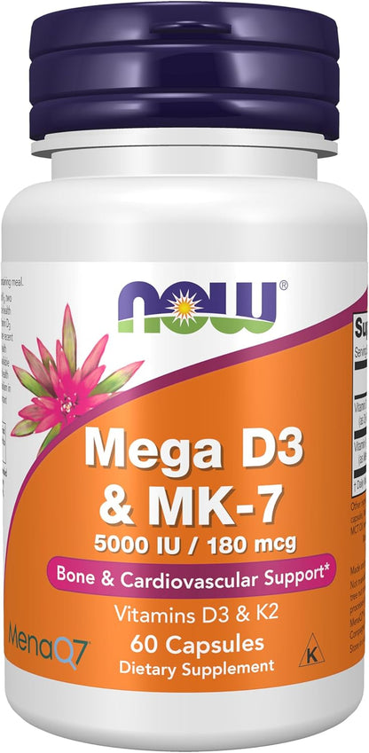 NOW Foods Supplements, Mega D-3 & MK-7 with Vitamins D-3 & K-2, 5,000 IU/180 Mcg, Bone & Cardiovascular Support*, 60 Veg Capsules
