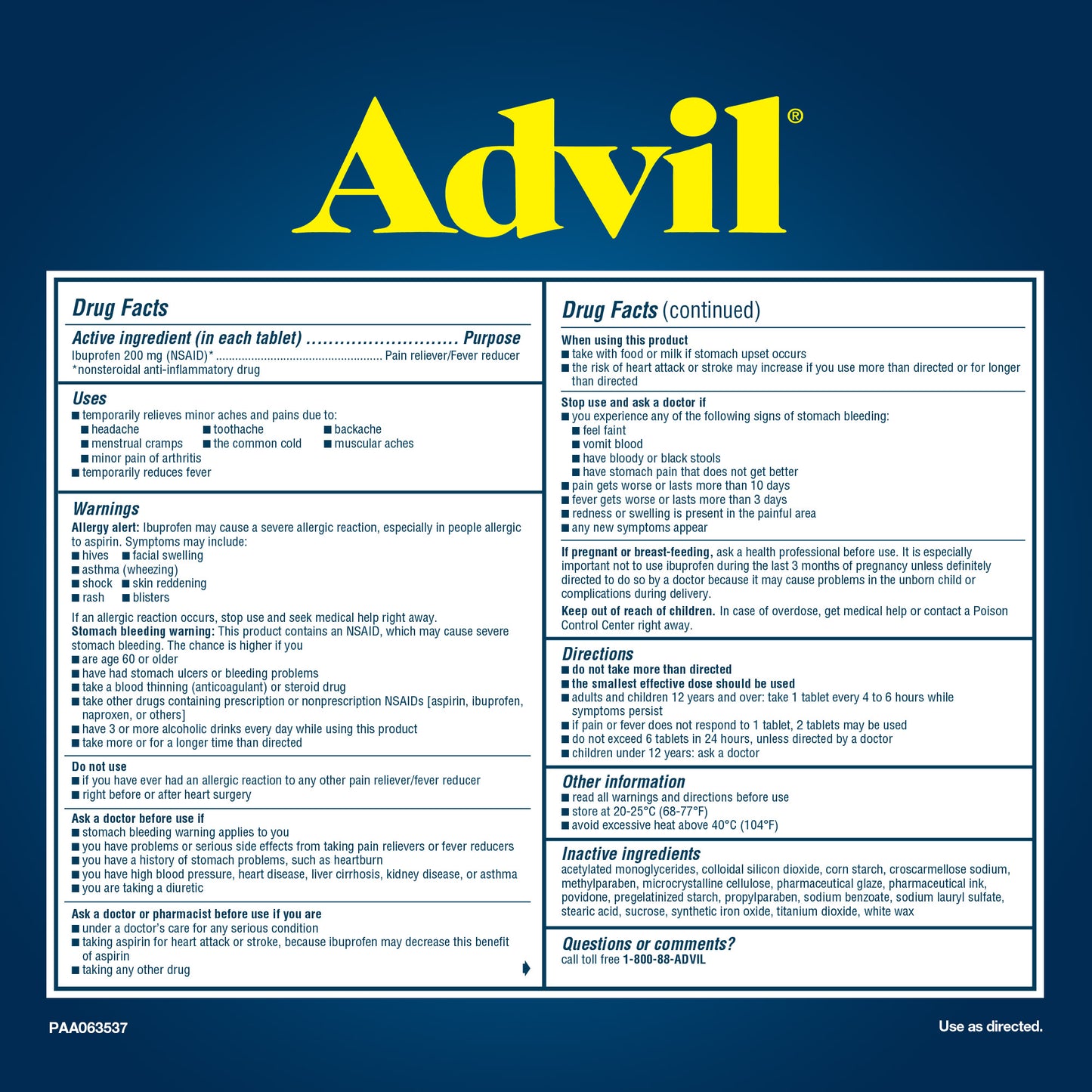 Advil Ibuprofen 200 Mg., Pain Reliever/Fever Reducer, 360 Tablets