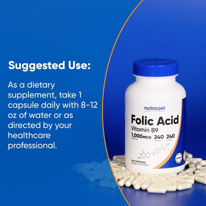 Folic Acid (Vitamin B9) 1000 Mcg, 240 Capsules