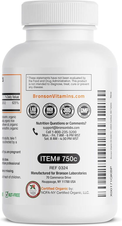 Bronson Vitamin D3 5,000 IU (125 Mcg) Certified Organic High  Non-Gmo Vitamin D Supplement, 360 Tablets