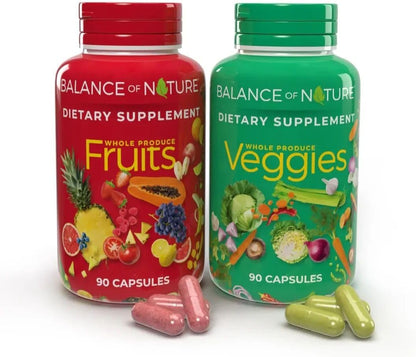 Balance of Nature Fruits & Veggies Supplements - Whole Fruit and Vegetable Ingredients for Women, Men, and Kids - 90 Fruits Capsules, 90 Veggies Capsules - 1 Set