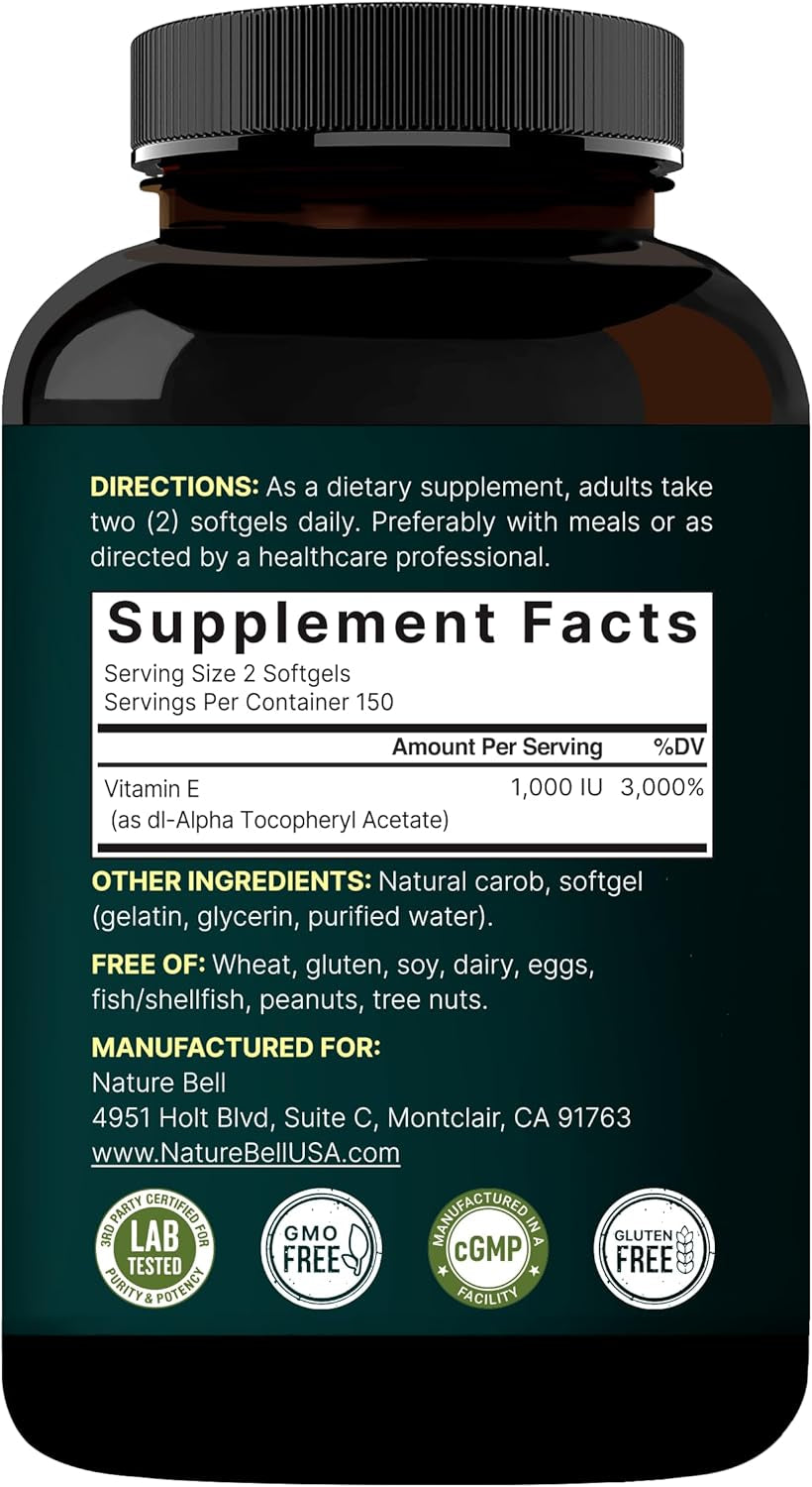 Naturebell Vitamin E Oil Softgels, 1,000 IU per Serving, 300 Pills | Essential Antioxidant Supplements, Easily Absorbed Form – Supports Skin, Heart, & Immune Health – Non-Gmo