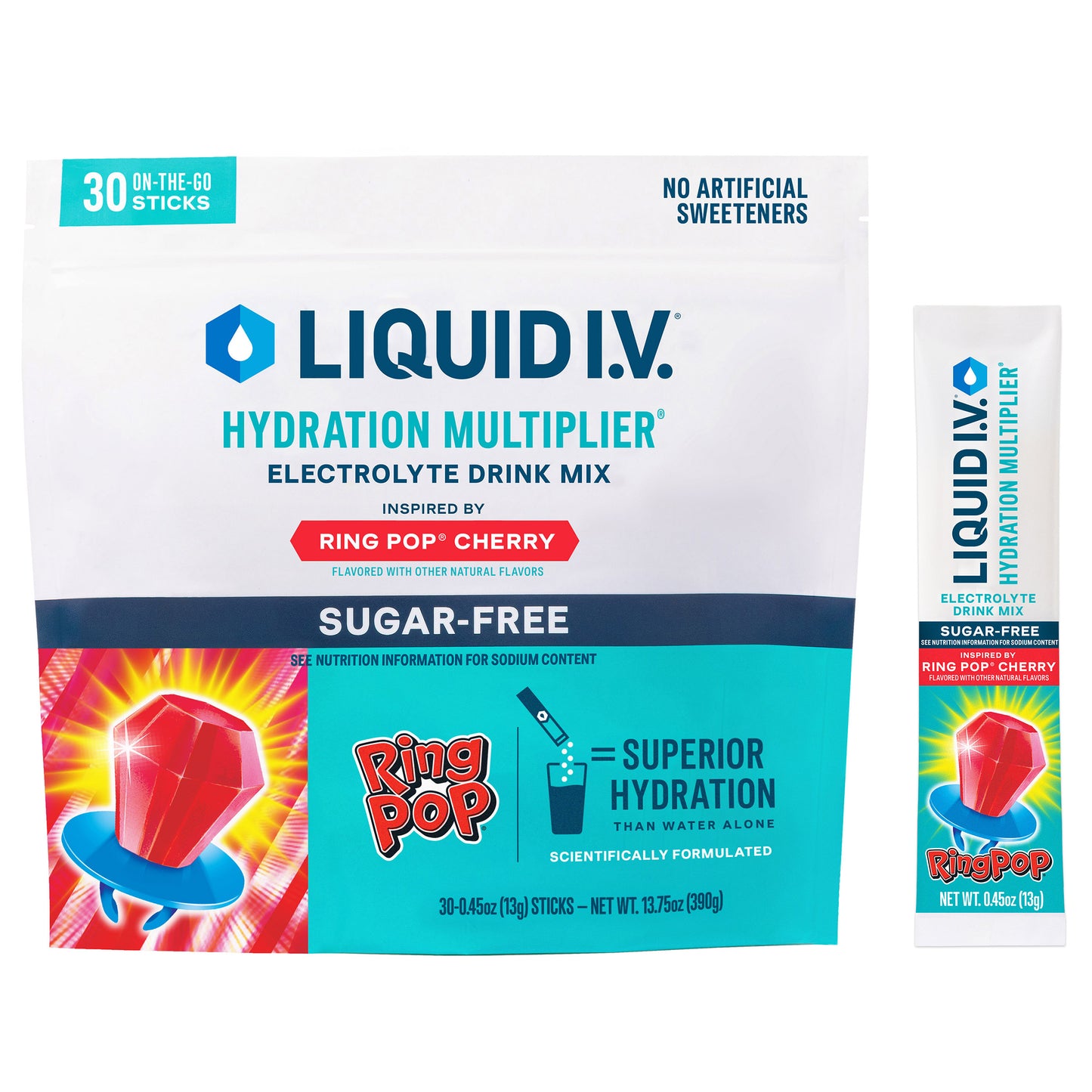 Liquid I.V. Hydration Multiplier, 30 Individual Serving Stick Packs in Resealable Pouch, Sugar Free, Ring Pop Cherry