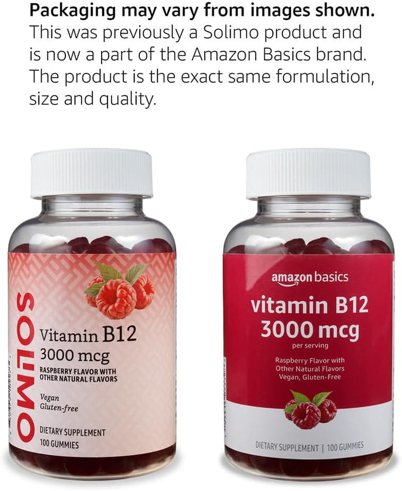 Vitamin B12 3000 Mcg Gummies, Normal Energy Production and Metabolism, Immune System Support, Raspberry, 100 Count (2 per Serving) (Previously Solimo)