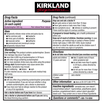 Kirkland Signature Extra Strength Acetaminophen 500 Mg., 1,000 Caplets