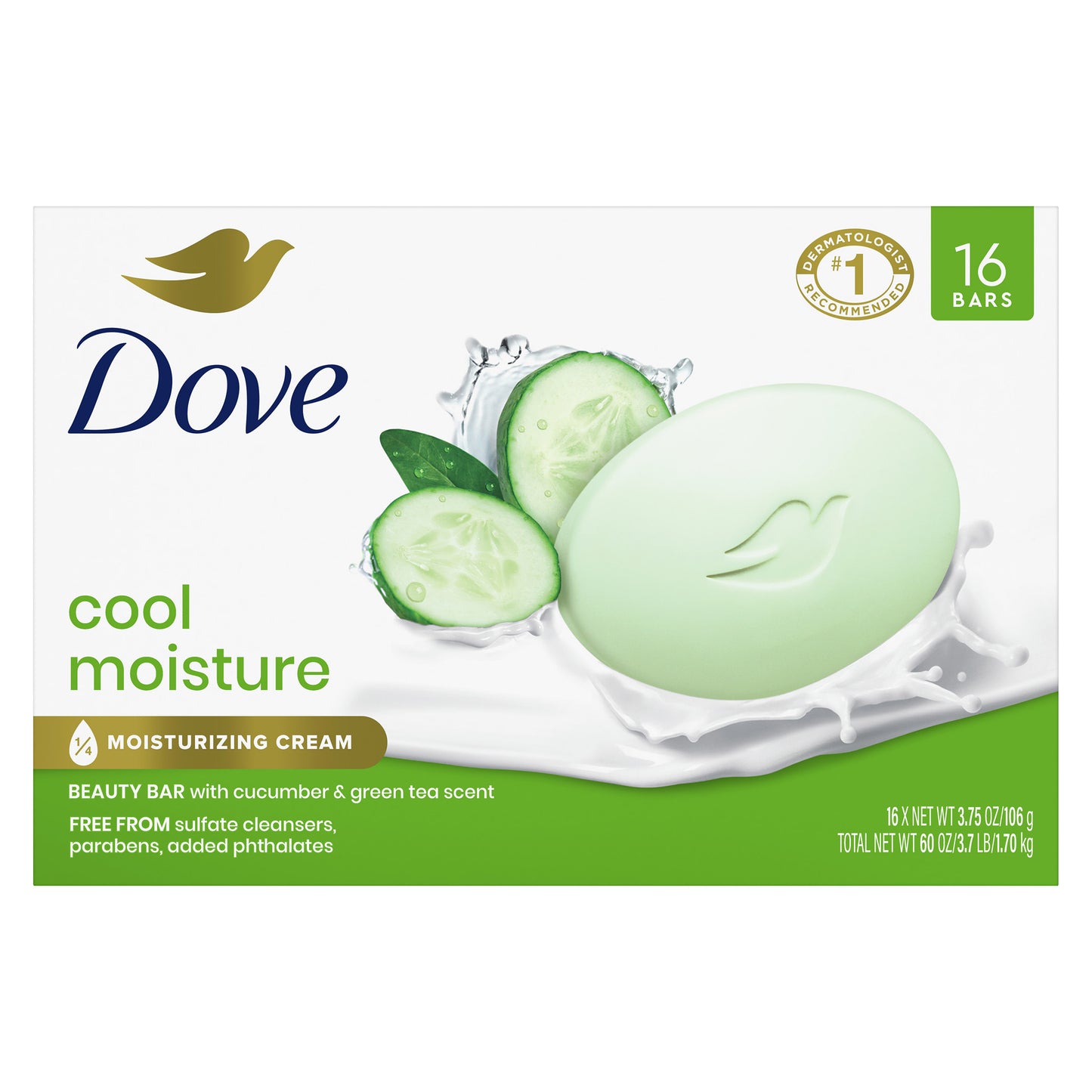 Dove Moisturizing Beauty Bar Soap Cool Moisture, 3.75 Oz, 16 Bars