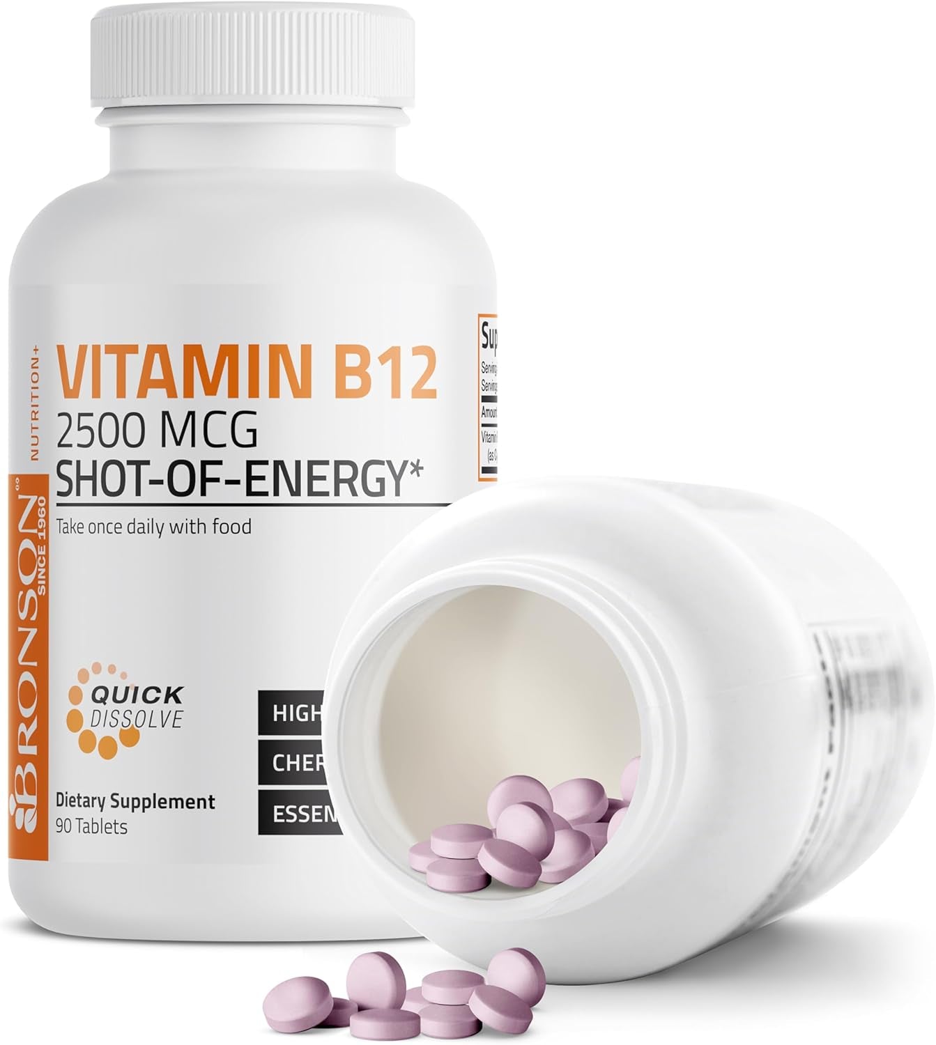 Vitamin B12 2500Mcg Shot of Energy Fast Dissolve Chewable Tablets - Quick Release Cherry Flavored Sublingual B12 Vitamin - Supports Nervous System, Healthy Brain Function Energy Production – 90 Count