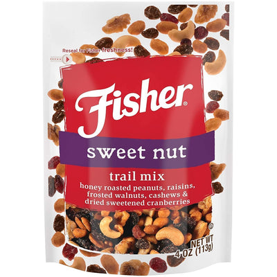 Fisher Snack Sweet Nut Trail Mix, 4 Ounces, Honey Roasted Peanuts, Raisins, Frosted Walnuts, Cashews, Dried Sweetened Cranberries