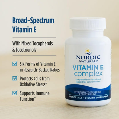 Nordic Naturals Vitamin E Complex, Unflavored - 30 Soft Gels - 6 Forms of Vitamin E for Antioxidant Support - Cellular Protection - Non-Gmo - 30 Servings