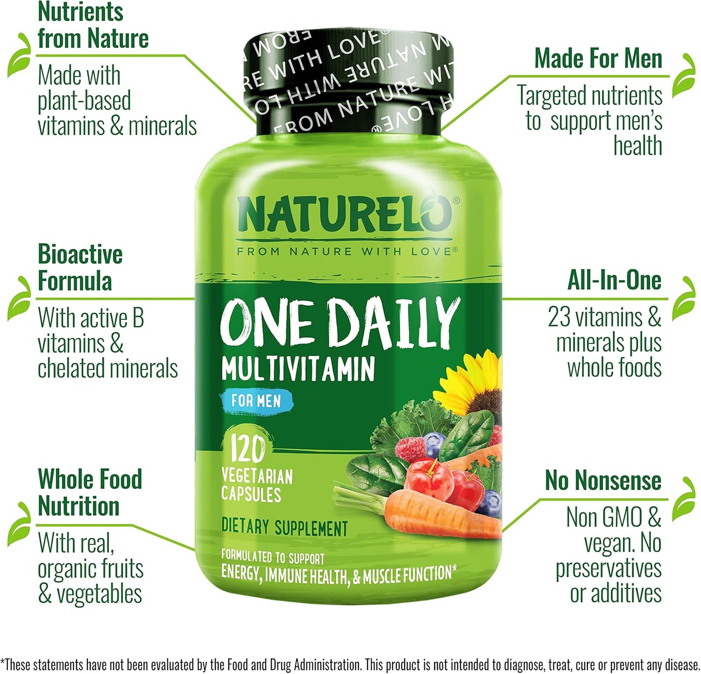 NATURELO Mens Multivitamins - One Daily Multivitamin for Men with Vitamins, Minerals & Organic Whole Foods, Boost Energy & Health, Non-Gmo, 120 Vegetarian Capsules