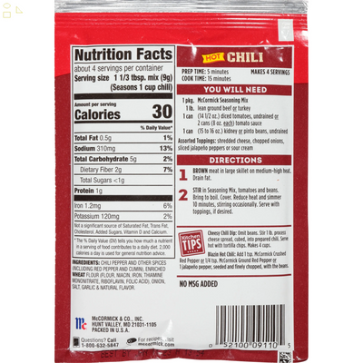 Mccormick Hot Chili Seasoning Mix, 1.25 Oz Envelope