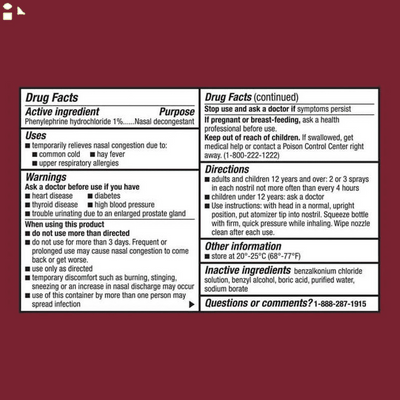 Pack of 2 Nasal Spray, Decongestant Phenylephrine Hydrochloride 1%, 1 Fl. Oz. Each | Compare 4-Way Fast Acting Non-Drowsy Temporary Relief of Membranes, Sinus Congestion Active Ingredient