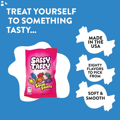 Taffy Town Salt Water Sassy Sour Fruits Taffy - 4.5Oz - Individually Wrapped, Old Fashioned, Soft, Chewy & Creamy Gourmet Taffy Candy Bulk for Party Favors & Goodie Bags - Gluten-Free & Peanut-Free