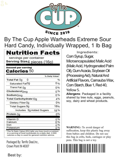 By the Cup Apple Warheads Extreme Sour Hard Candy, Individually Wrapped, 1 Lb Bag