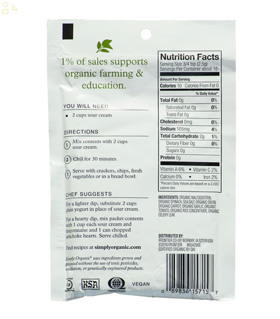 Simply Organic Spinach Dip Mix, Certified Organic, Gluten-Free | 1.41 Oz | Pack of 3