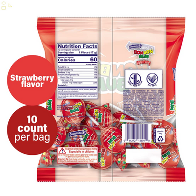 Colombina Bon Bon Bum Classic Lollipops - Sweet Strawberry with Chewy Bubble Gum Center Suckers, Gluten-Free Candy, 6 Oz Bags (10 Count) - 1 Pack
