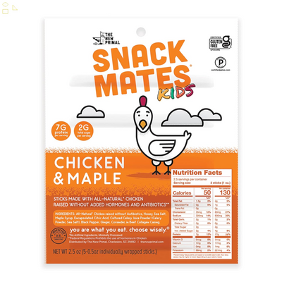 Snack Mates by the New Primal, Chicken & Maple Stick, All-Natural Chicken, High Protein and Low Sugar Kids Snack, Certified Paleo, Certified Gluten-Free, Lunchbox Friendly, 0.5 Oz, Pack of 5