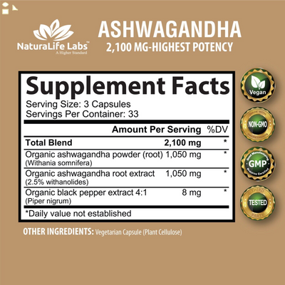 Organic Ashwagandha 2100Mg - 100 Vegan Capsules 100% Pure Organic